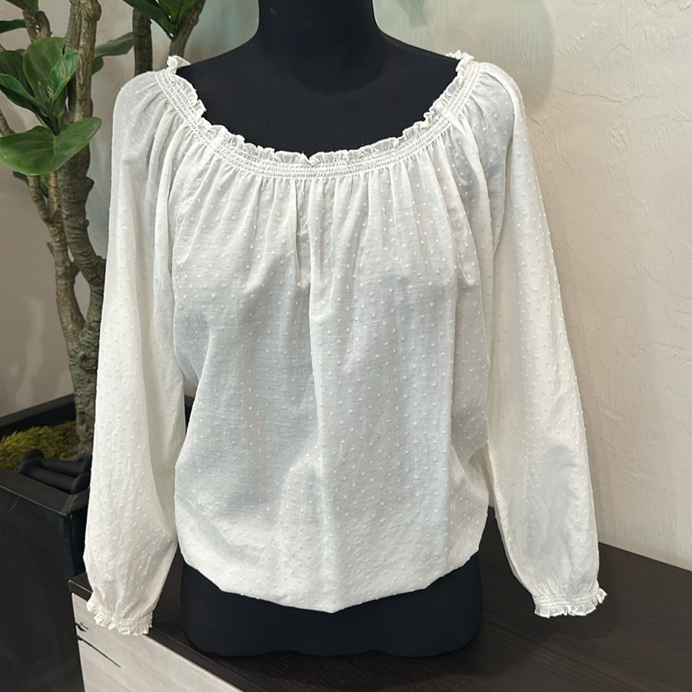 Joe Fresh Ivory Soft White Semi Sheer PolkaDot Top Blouse Cotton Silk Blend MD